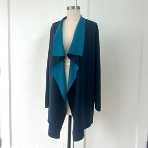 St. John Navy Blue Teal Wool Blend Open Front Drape Cardigan Sweater PF10 GRP2 M